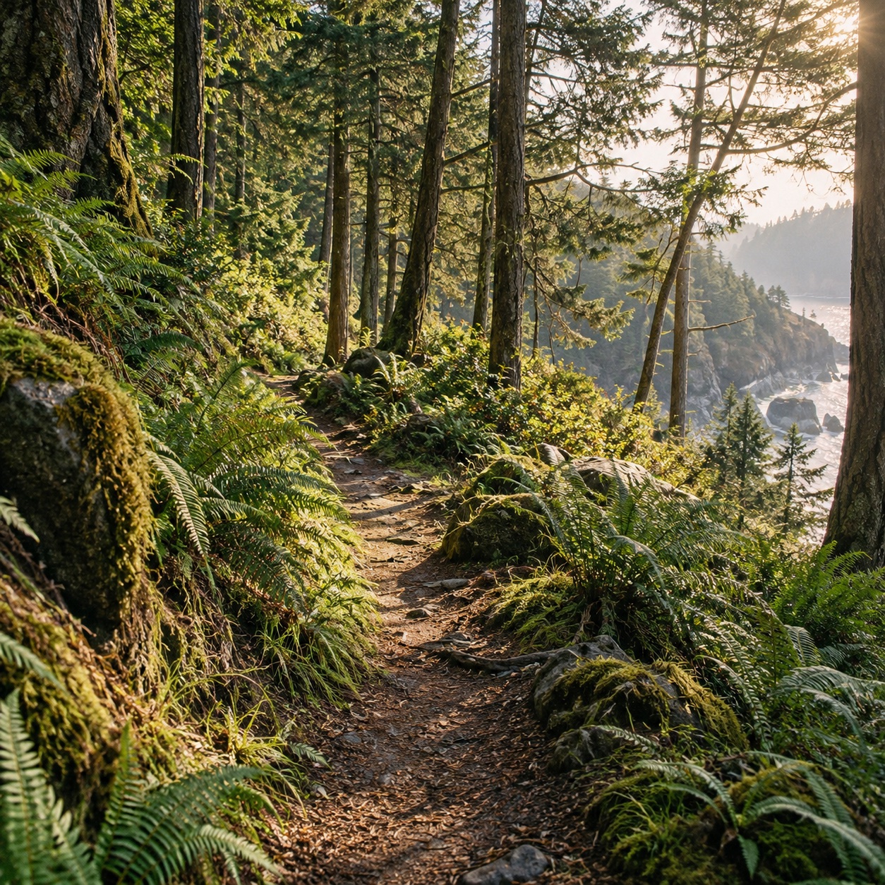 A quiet winding path through a sunlit forest