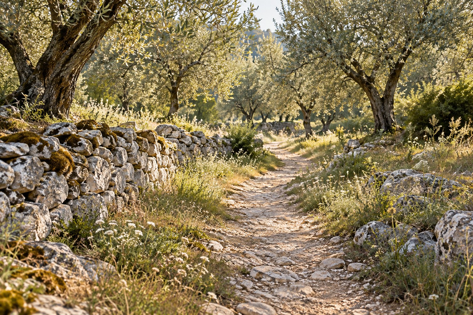 A sunlit path between olive trees and a dry-stone wall