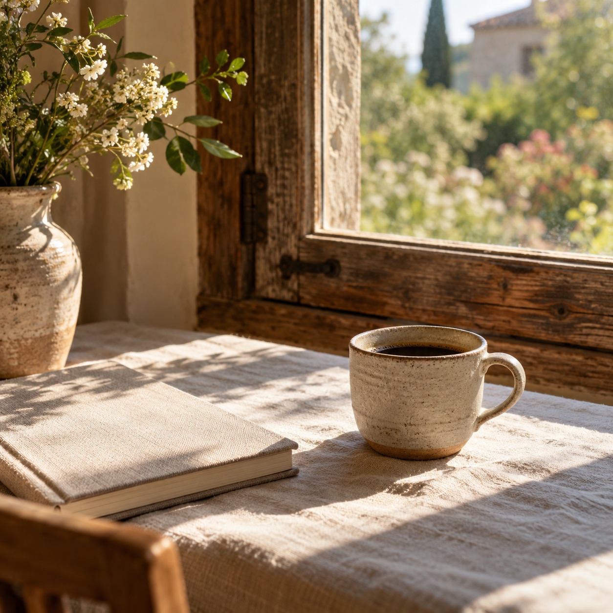 A ceramic coffee cup and notebook beside a sunlit window