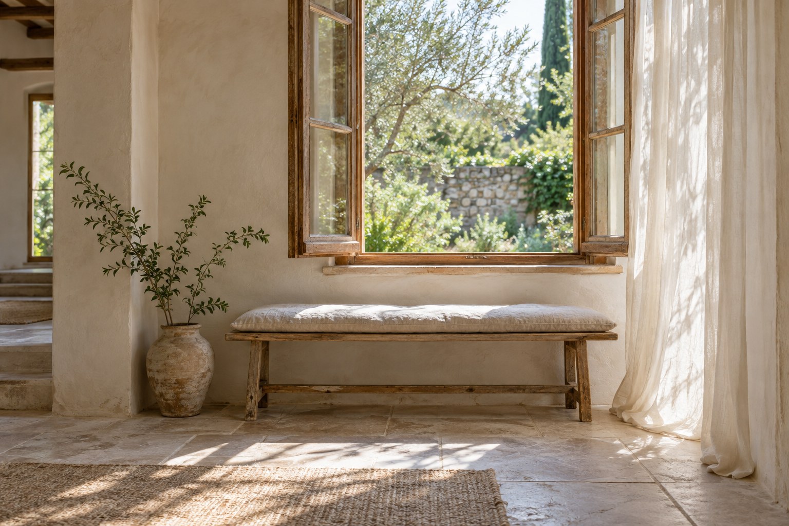 An oak bench beneath an open window in a quiet sunlit room